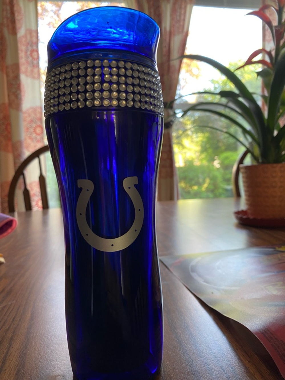 NFL Colts Blue Rhinestone Accent Travel Tumbler with Horseshoe Detail